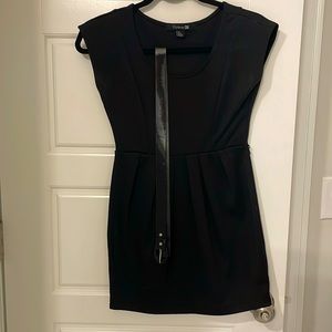Black pleated mini dress with belt